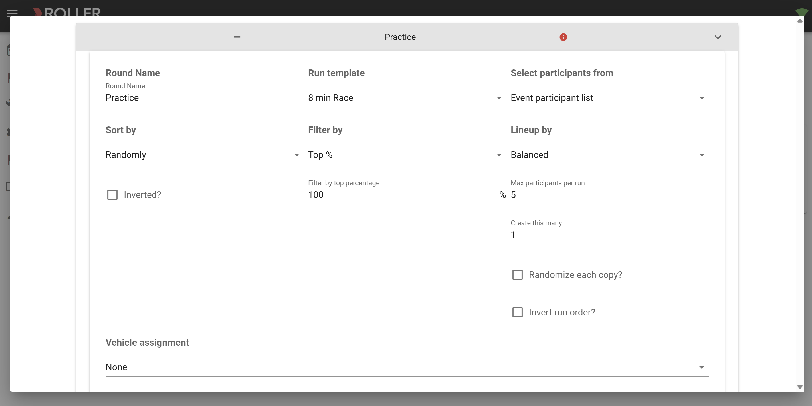 Settings for a practice round including participant selection and sorting options.